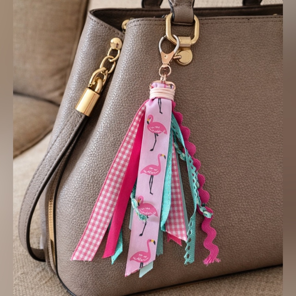 Flamingo Ribbon Bag Tassel charm, boho Hippie charm, Clip on Bag, backpack